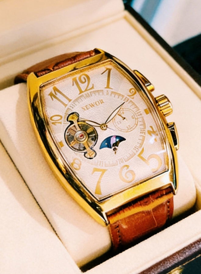 SEWOR Watches for Men Men Mechanical Watch Barrel Shaped Skeleton Design Leather Strap Waterproof Stylish and Trendy Men Watch High Appearance Value Cool and Popular Men Watch Best Choice - Image 1